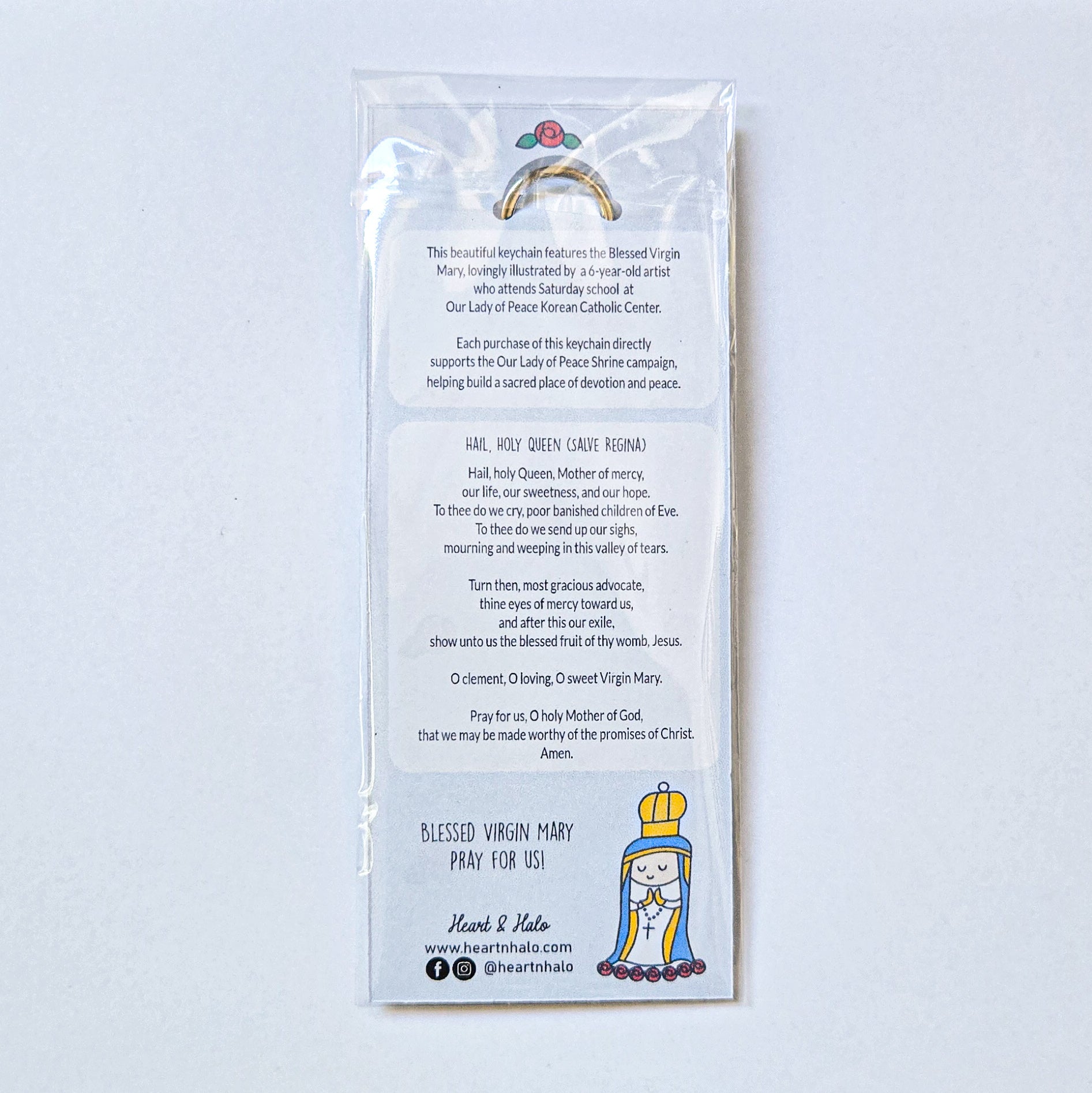 Blessed Virgin Mary Acrylic Keychain | Double - Sided 2.75" Catholic Keychain with D Hook Clasp | Faith Gift Inspired by Child's Art - Heart & Halo
