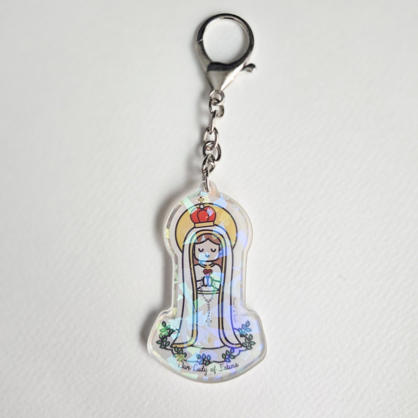 Our Lady of Fatima Acrylic Keychain | 2.75" Double - Sided Catholic Charm - Heart & Halo