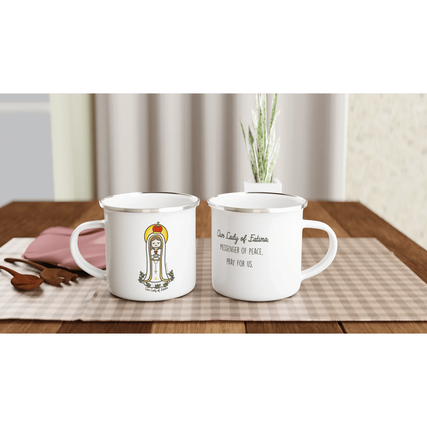 Our Lady of Fatima Enamel Mug – 12oz Camping & Travel Coffee Mug with Silver Rim - Heart & Halo