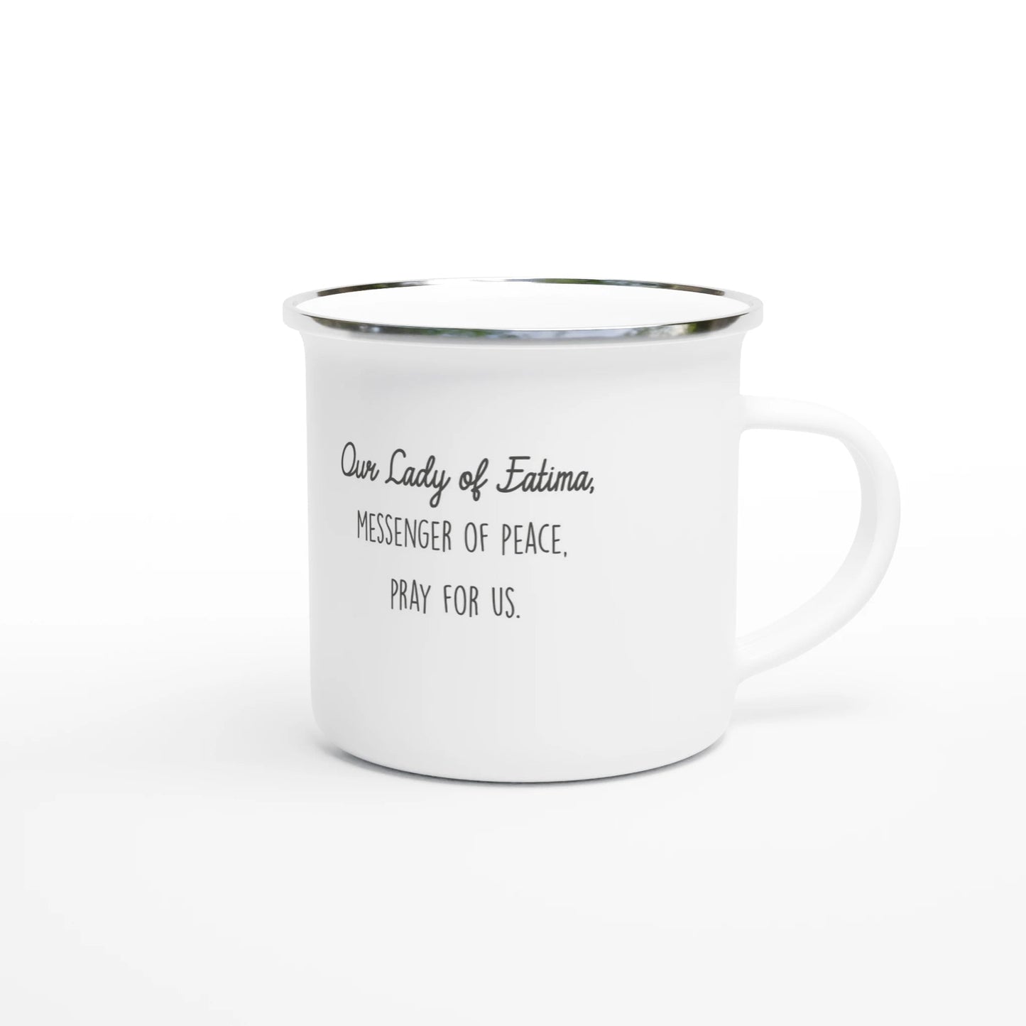 Our Lady of Fatima Enamel Mug – 12oz Camping & Travel Coffee Mug with Silver Rim - Heart & Halo