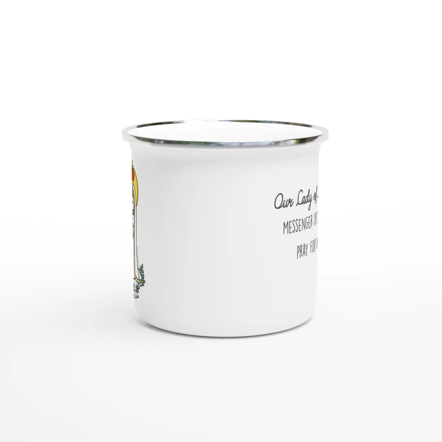 Our Lady of Fatima Enamel Mug – 12oz Camping & Travel Coffee Mug with Silver Rim - Heart & Halo