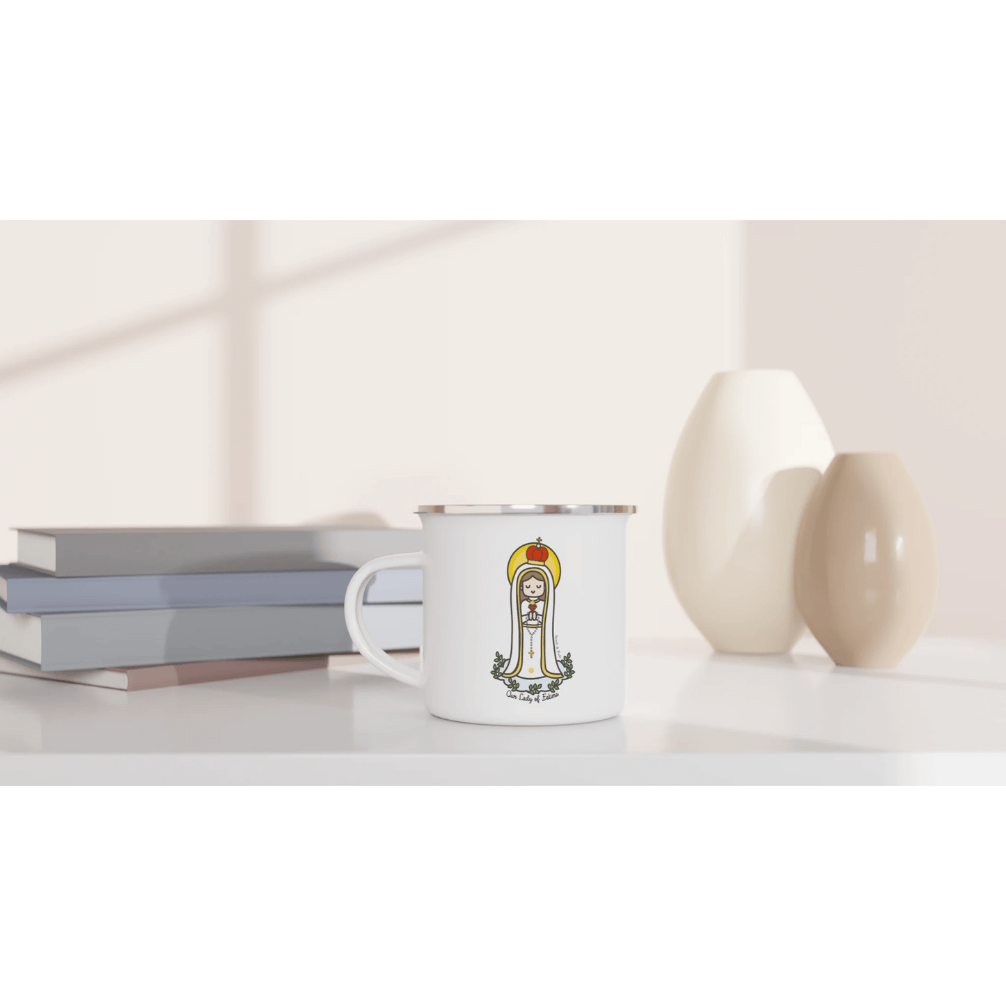 Our Lady of Fatima Enamel Mug – 12oz Camping & Travel Coffee Mug with Silver Rim - Heart & Halo