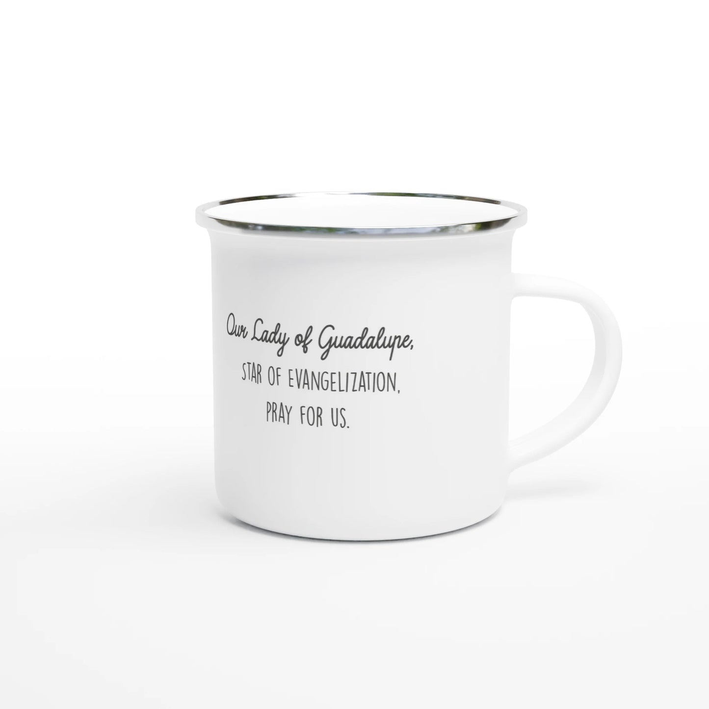 Our Lady of Guadalupe Enamel Mug – Lightweight 12oz Camping Mug with Artist Design - Heart & Halo
