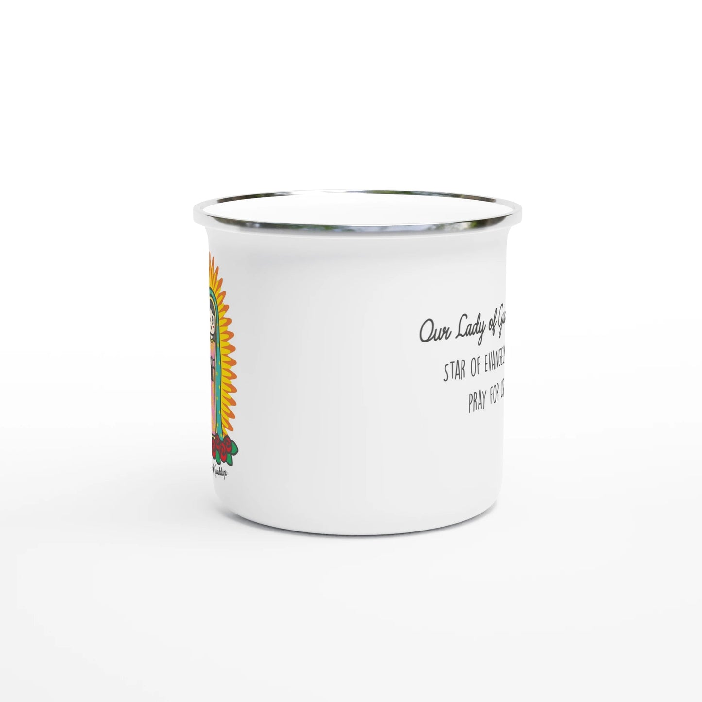 Our Lady of Guadalupe Enamel Mug – Lightweight 12oz Camping Mug with Artist Design - Heart & Halo