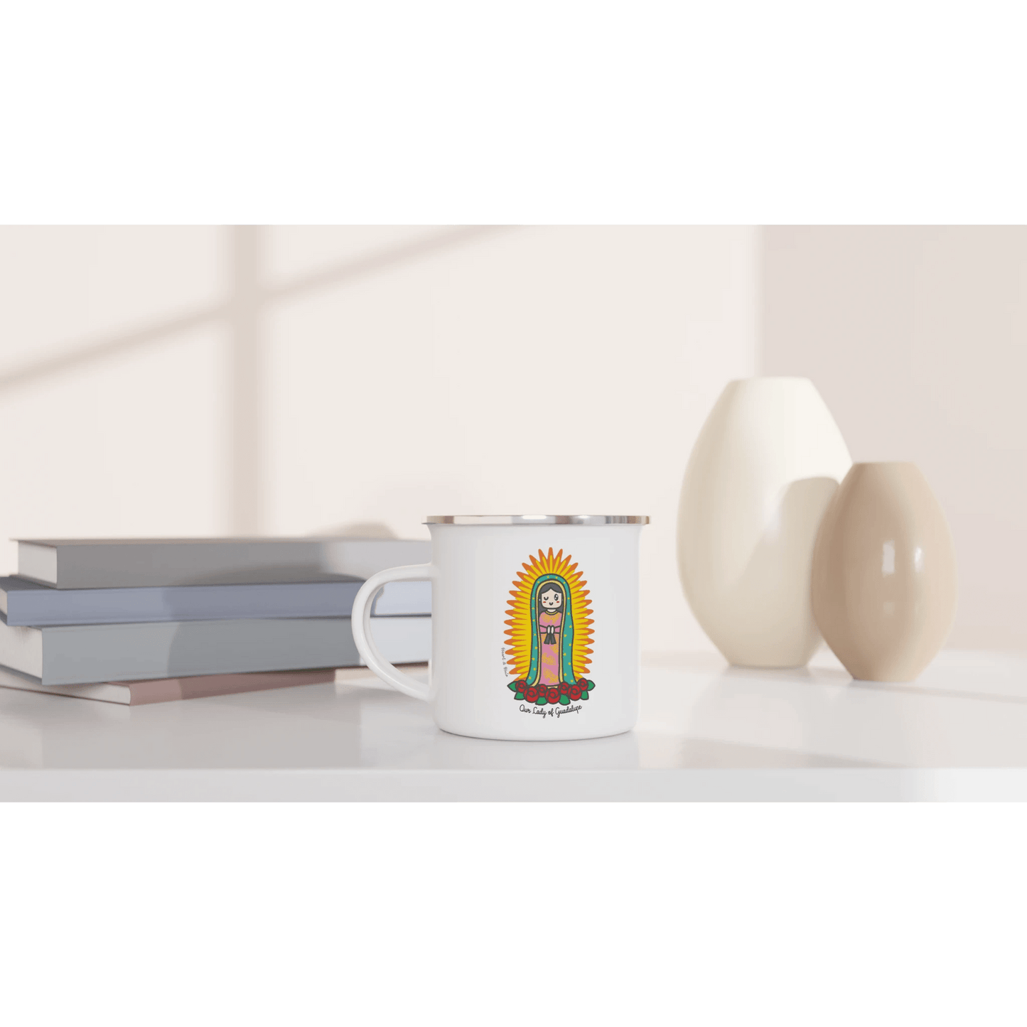 Our Lady of Guadalupe Enamel Mug – Lightweight 12oz Camping Mug with Artist Design - Heart & Halo
