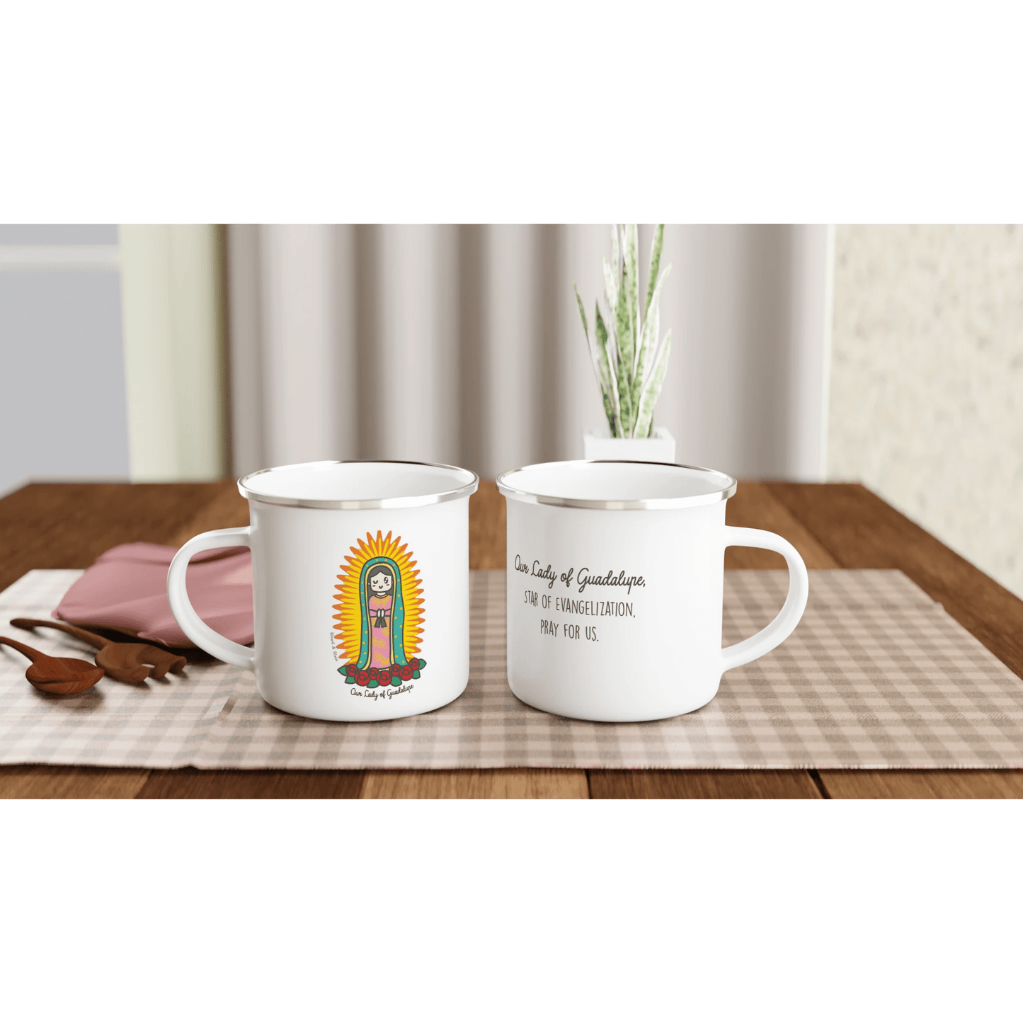 Our Lady of Guadalupe Enamel Mug – Lightweight 12oz Camping Mug with Artist Design - Heart & Halo