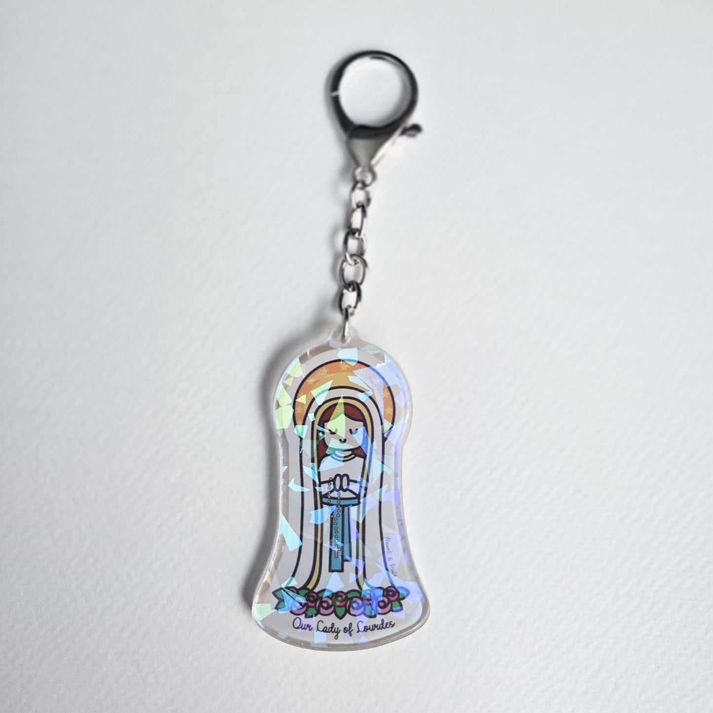 Our Lady of Lourdes Acrylic Keychain | 2.75" Double - Sided Catholic Keychain - Heart & Halo