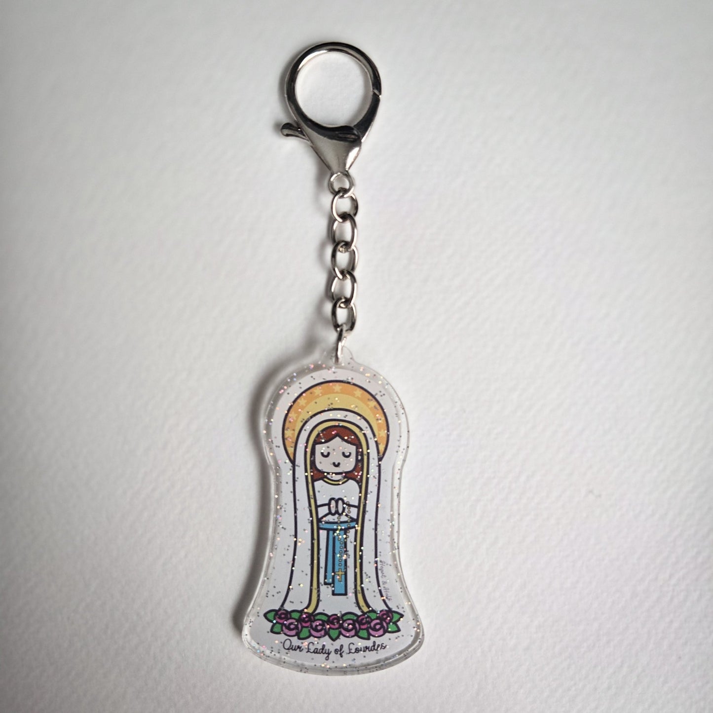 Our Lady of Lourdes Acrylic Keychain | 2.75" Double - Sided Catholic Keychain - Heart & Halo