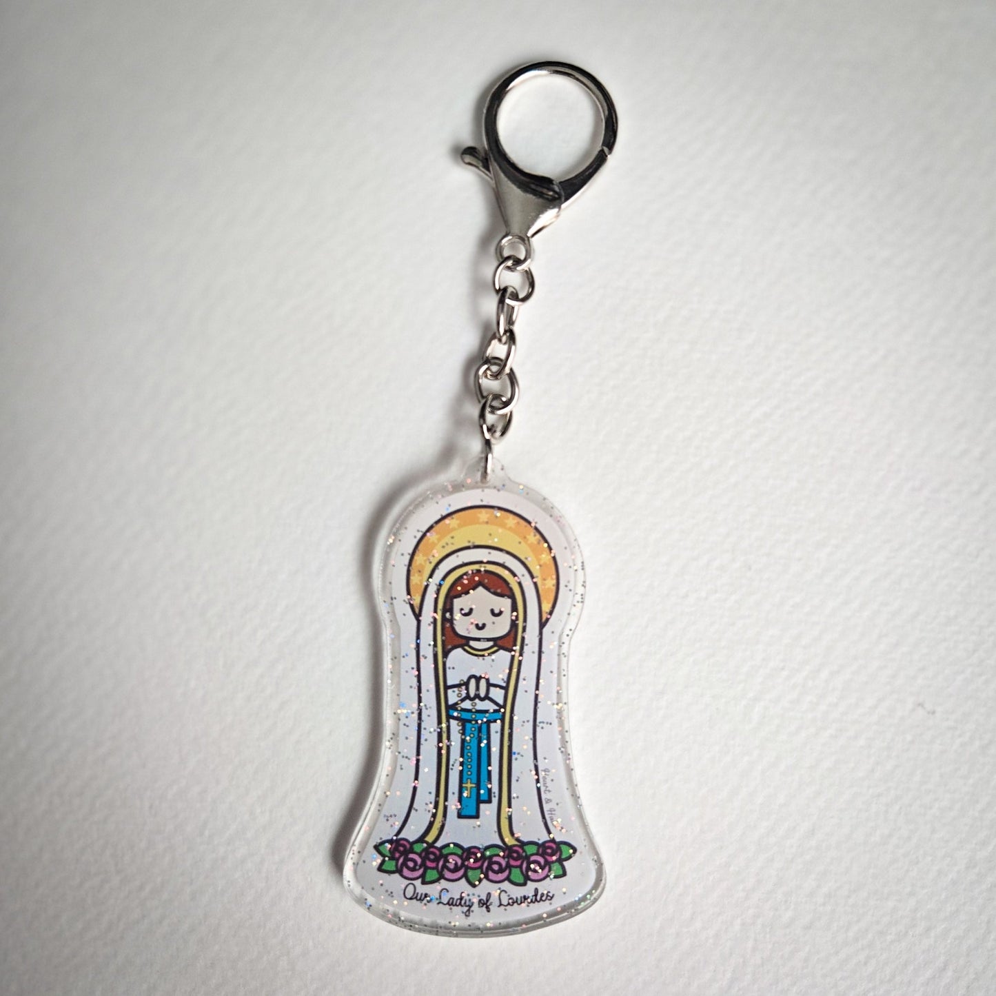 Our Lady of Lourdes Acrylic Keychain | 2.75" Double - Sided Catholic Keychain - Heart & Halo