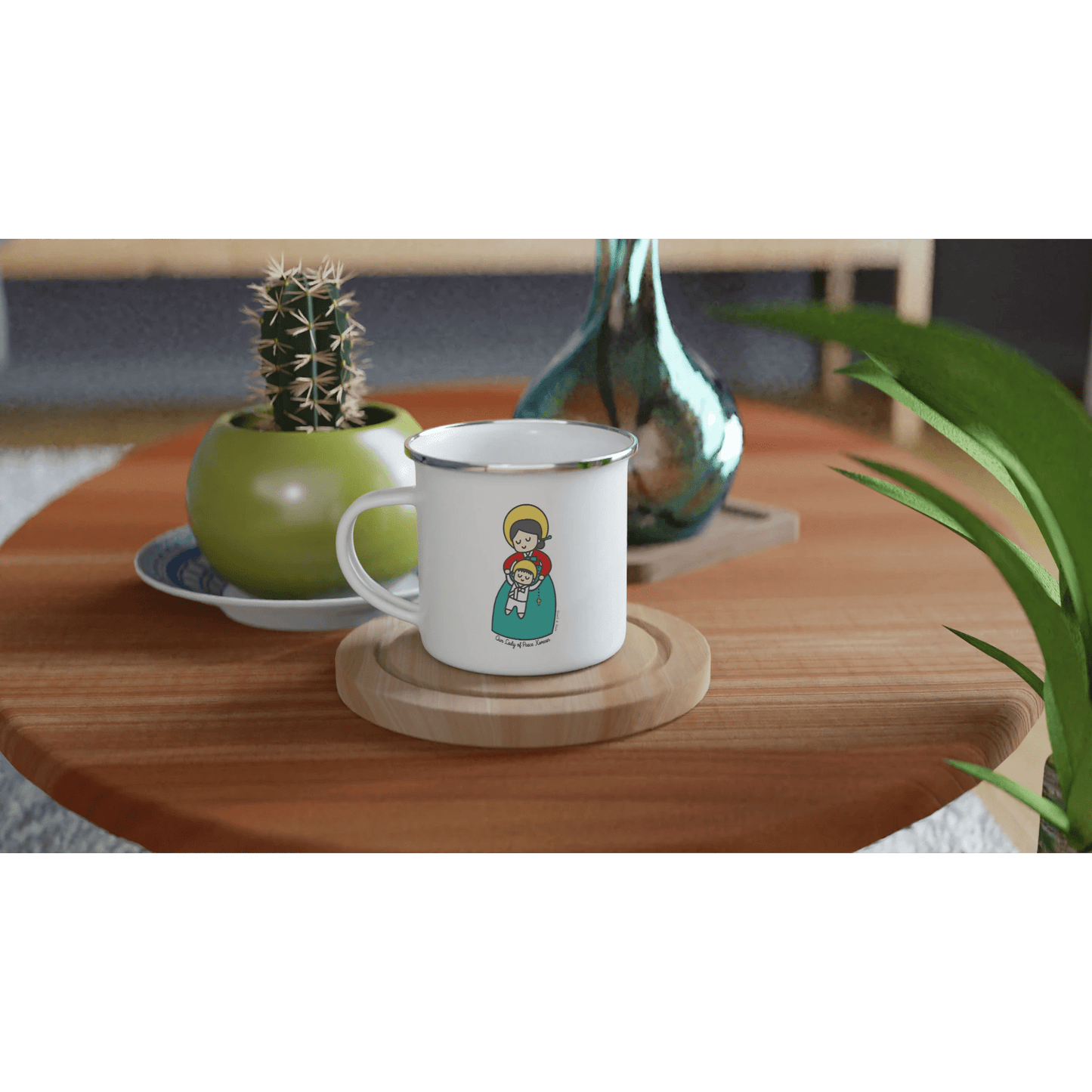 Our Lady of Peace Korea Enamel Mug – 12oz Artistic Design Inspired by Vatican Mosaic - Heart & Halo