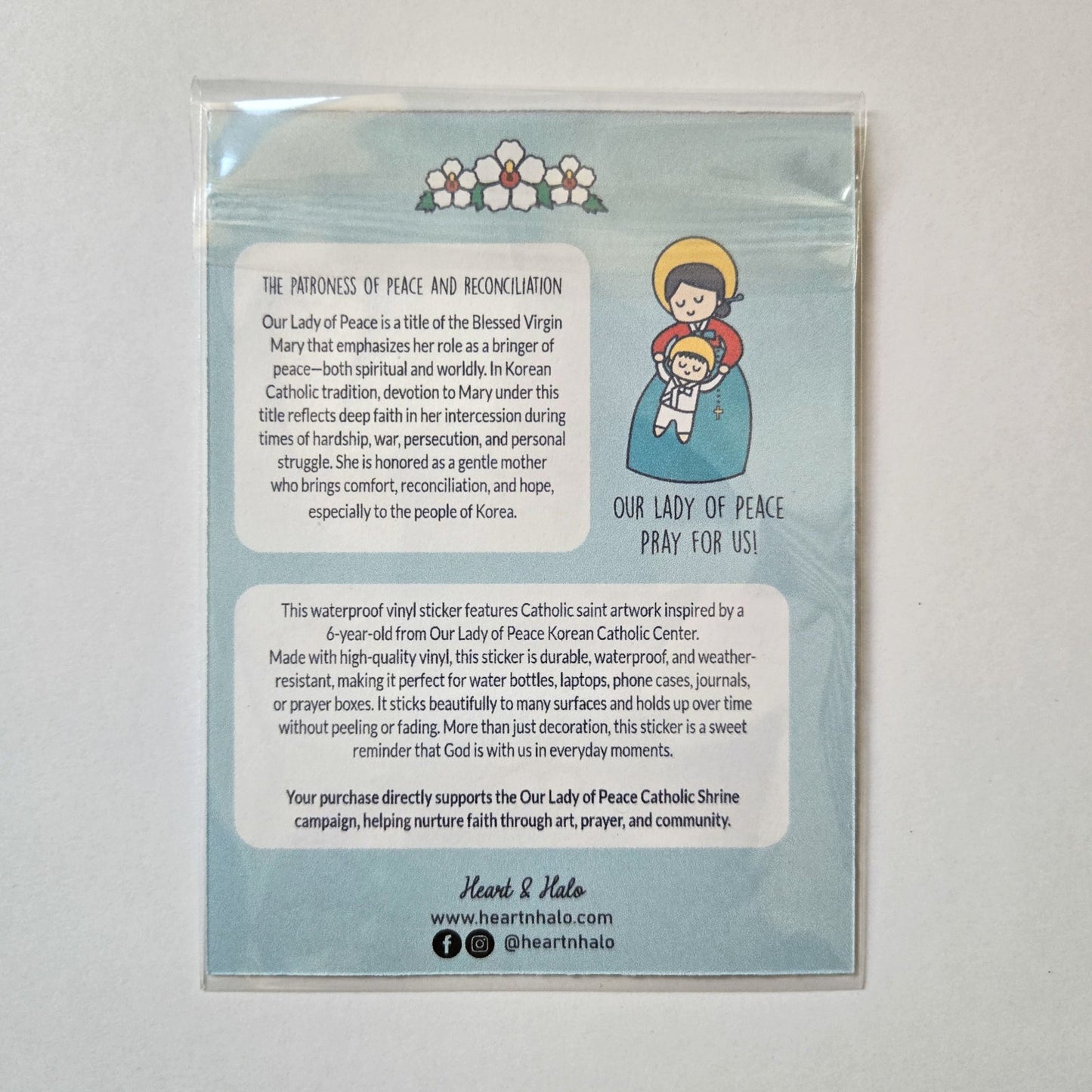 Our Lady of Peace Korean 4" Waterproof Sticker - Heart & Halo
