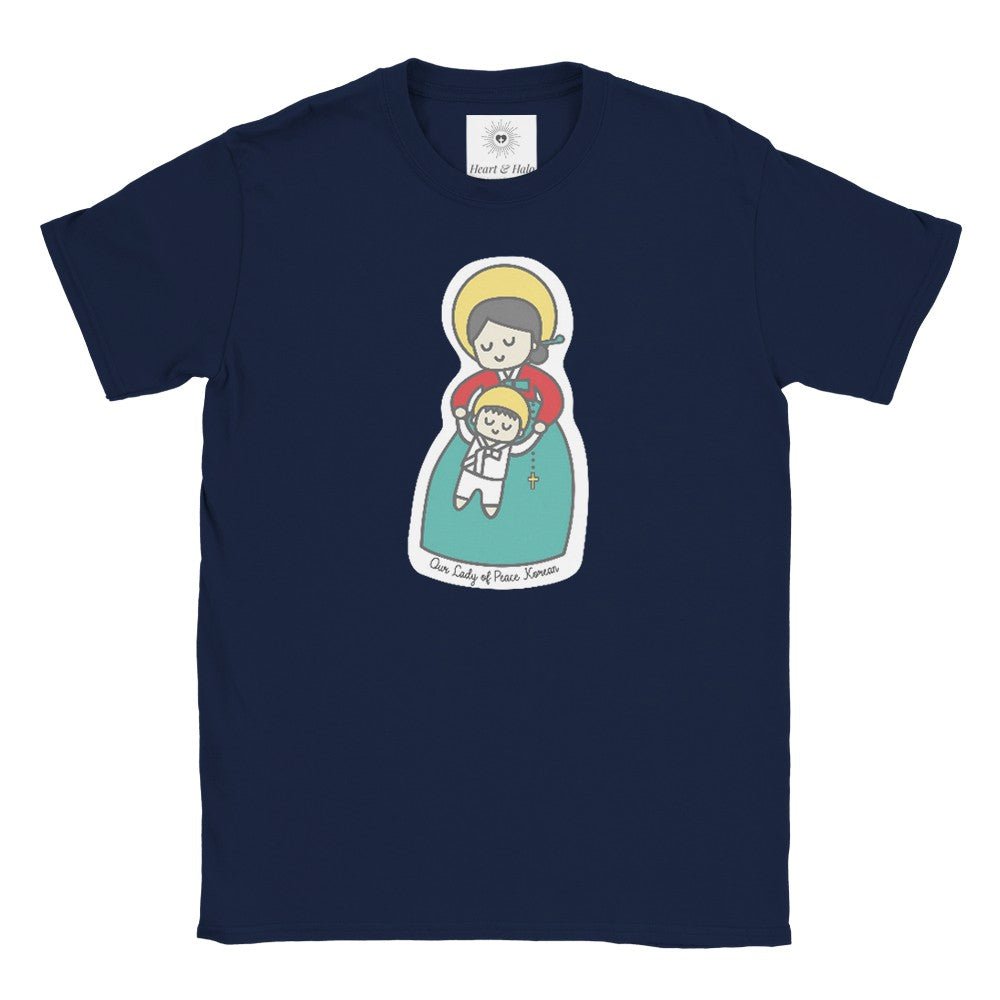 Our Lady of Peace Korean Kids T-Shirt – Catholic Art featuring Mother Mary with Baby Jesus - Heart & Halo