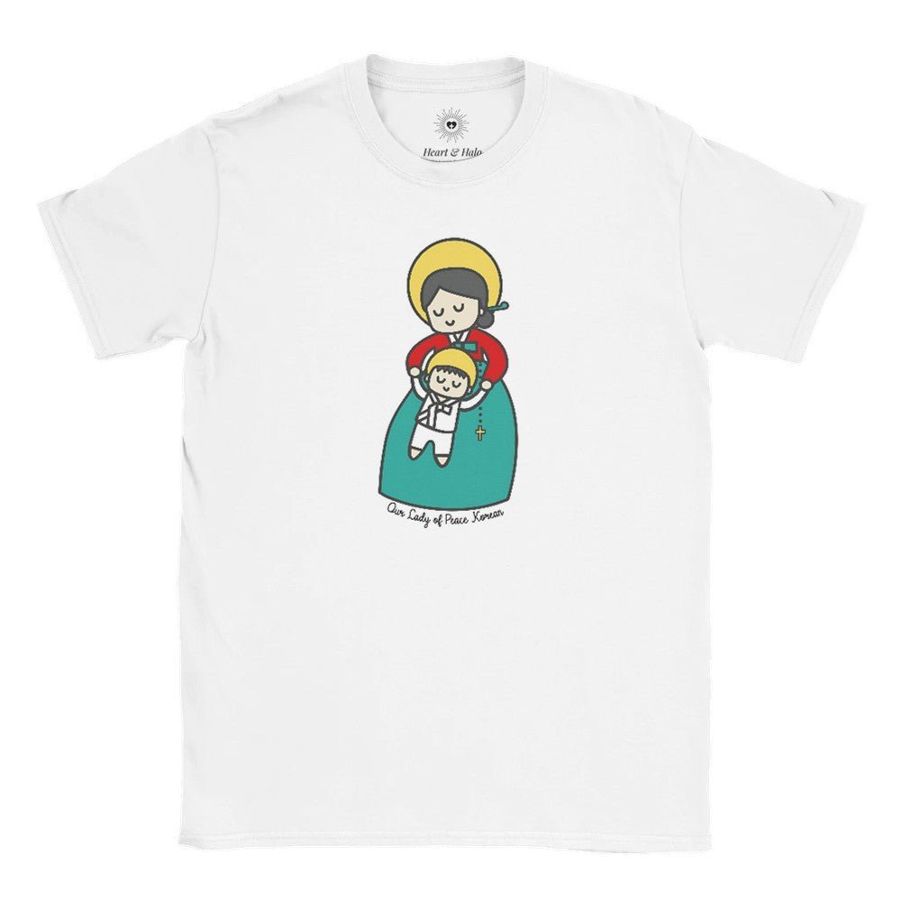 Our Lady of Peace Korean Kids T-Shirt – Catholic Art featuring Mother Mary with Baby Jesus - Heart & Halo