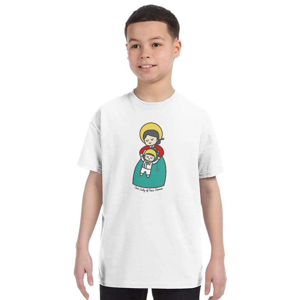 Our Lady of Peace Korean Kids T-Shirt – Catholic Art featuring Mother Mary with Baby Jesus - Heart & Halo