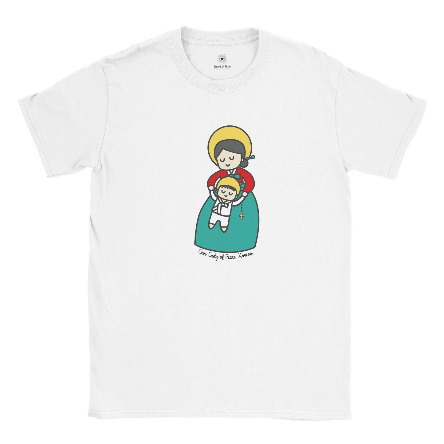 Our Lady of Peace Korean Mother Mary & Baby Jesus | Adult Cotton Crewneck T-Shirt | 20% Donation - Heart & Halo