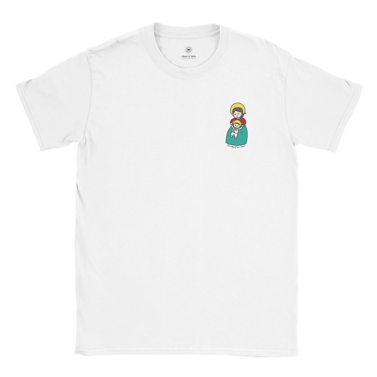 Our Lady of Peace Korean Mother Mary & Baby Jesus | Adult Cotton Crewneck T-Shirt | 20% Donation - Heart & Halo