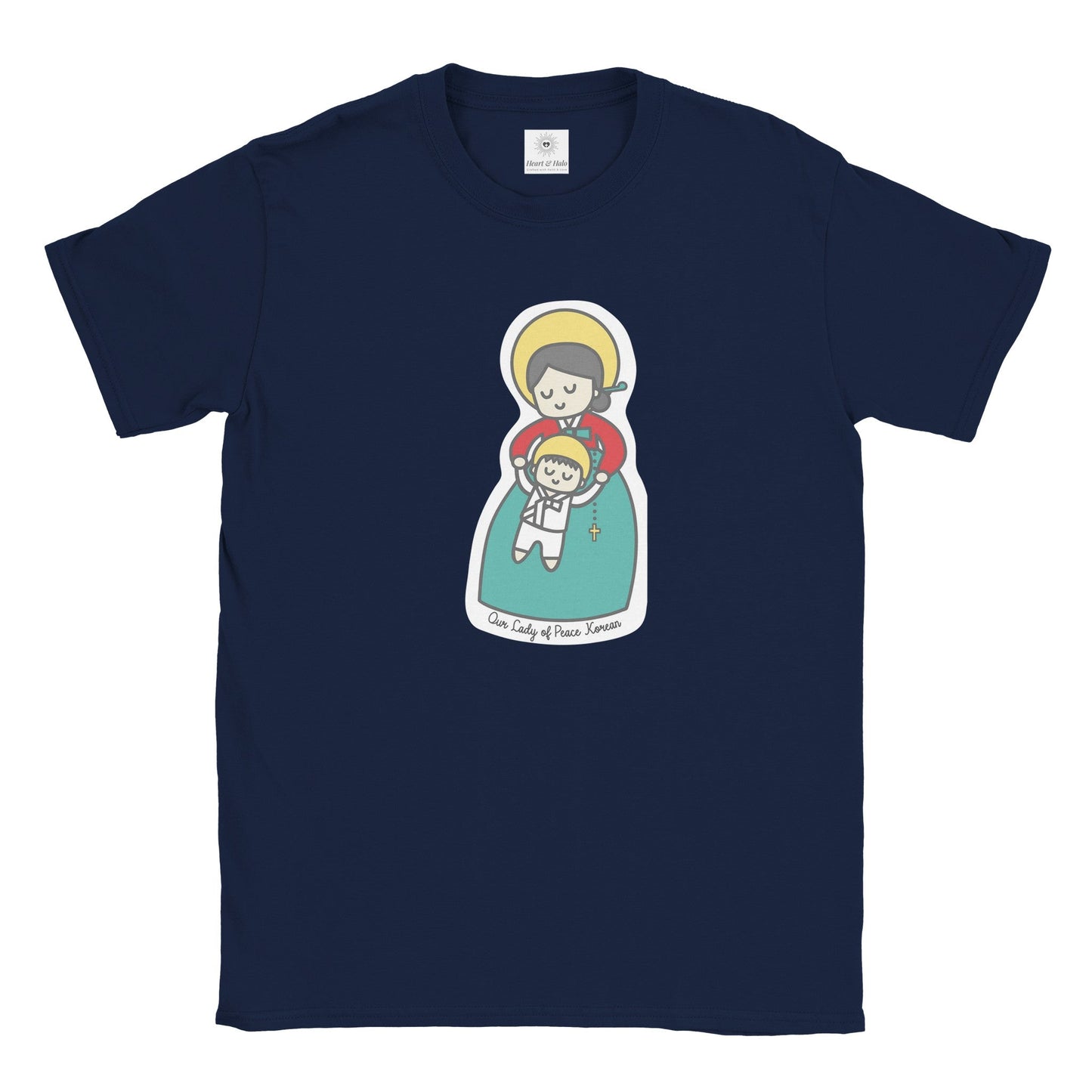 Our Lady of Peace Korean Mother Mary & Baby Jesus | Adult Cotton Crewneck T-Shirt | 20% Donation - Heart & Halo
