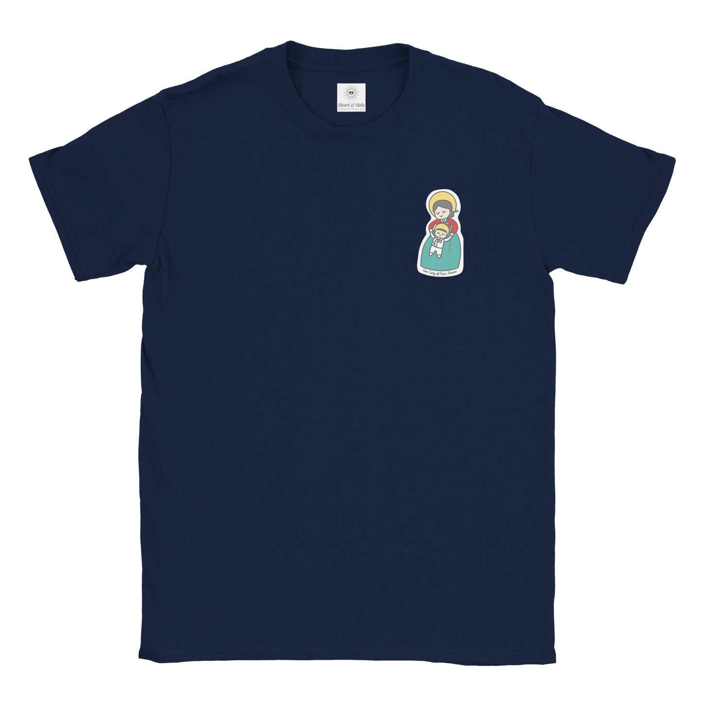 Our Lady of Peace Korean Mother Mary & Baby Jesus | Adult Cotton Crewneck T-Shirt | 20% Donation - Heart & Halo