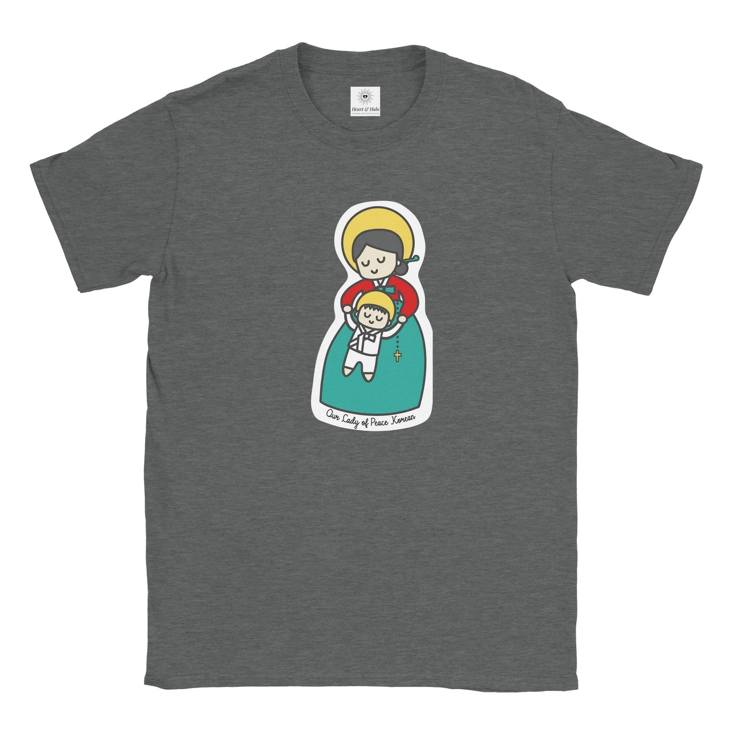 Our Lady of Peace Korean Mother Mary & Baby Jesus | Adult Cotton Crewneck T-Shirt | 20% Donation - Heart & Halo