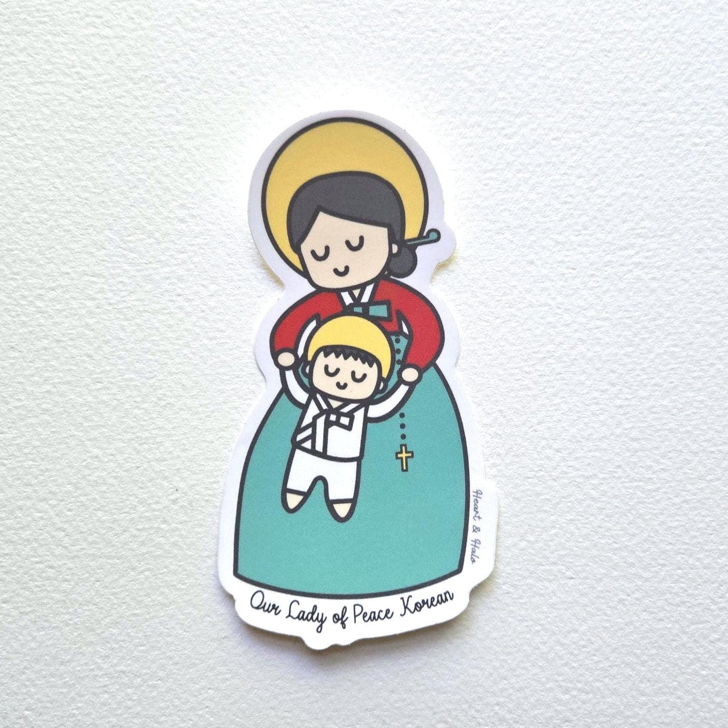 Our Lady of Peace Korean Mother Mary & Baby Jesus | Adult Cotton Crewneck T-Shirt | 20% Donation - Heart & Halo