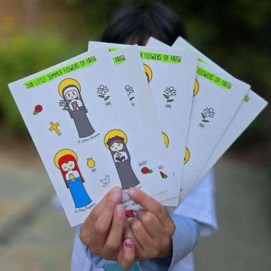Our Little Summer Flowers of Faith 4" x 6" Sticker sheet - St. Juliana Falconieri, St. Mary Magdalene and St. Rosa of Lima. - Heart & Halo