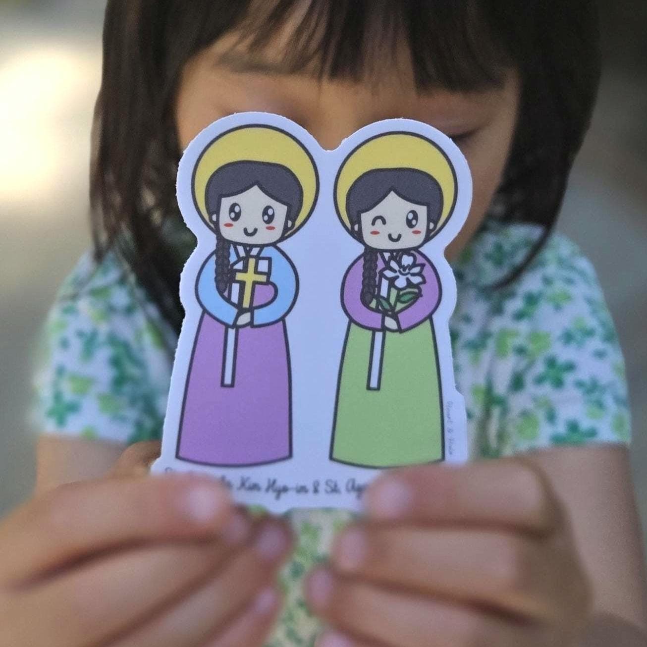 Saint Columba Kim Hyo - im & Saint Agnes Kim Hyo - ju 3" Sticker - Heart & Halo