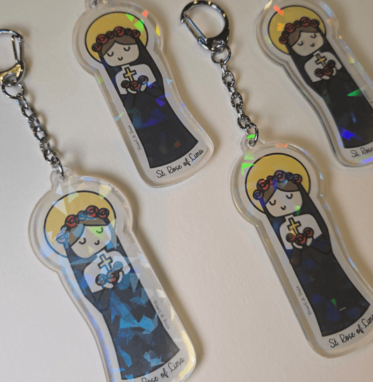 St. Rose of Lima Acrylic Keychain | 3" Double - Sided Catholic Charm - Heart & Halo