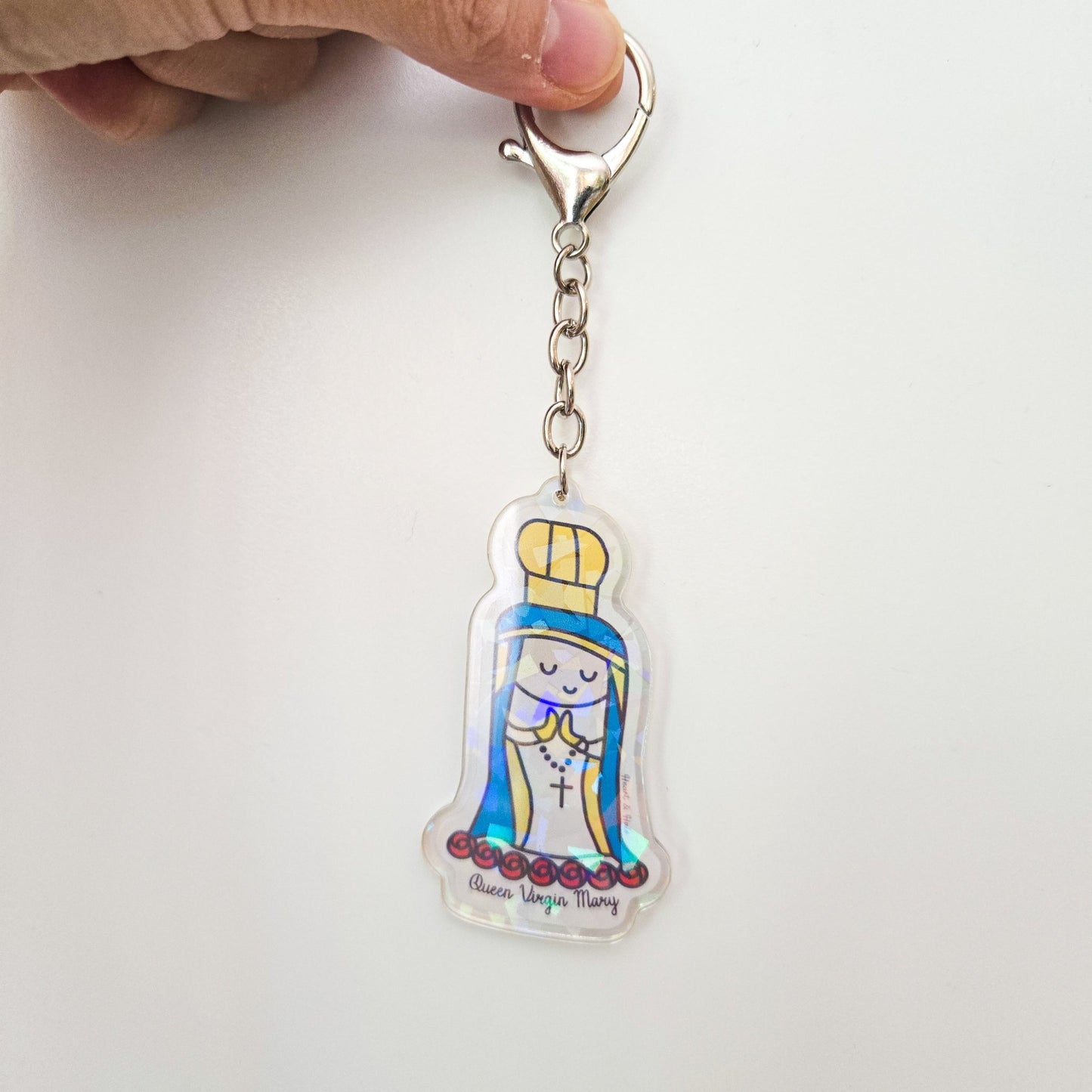 Blessed Virgin Mary Acrylic Keychain | Double - Sided 2.75" Catholic Keychain with D Hook Clasp | Faith Gift Inspired by Child's Art - Heart & Halo