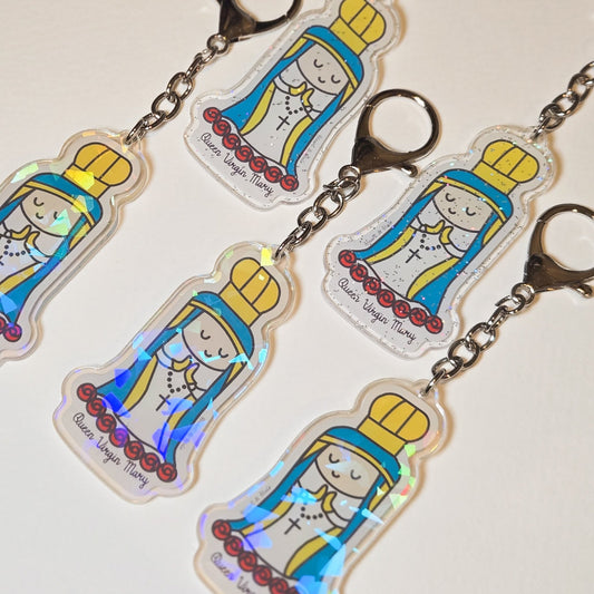 Blessed Virgin Mary Acrylic Keychain | Double - Sided 2.75" Catholic Keychain with D Hook Clasp | Faith Gift Inspired by Child's Art - Heart & Halo