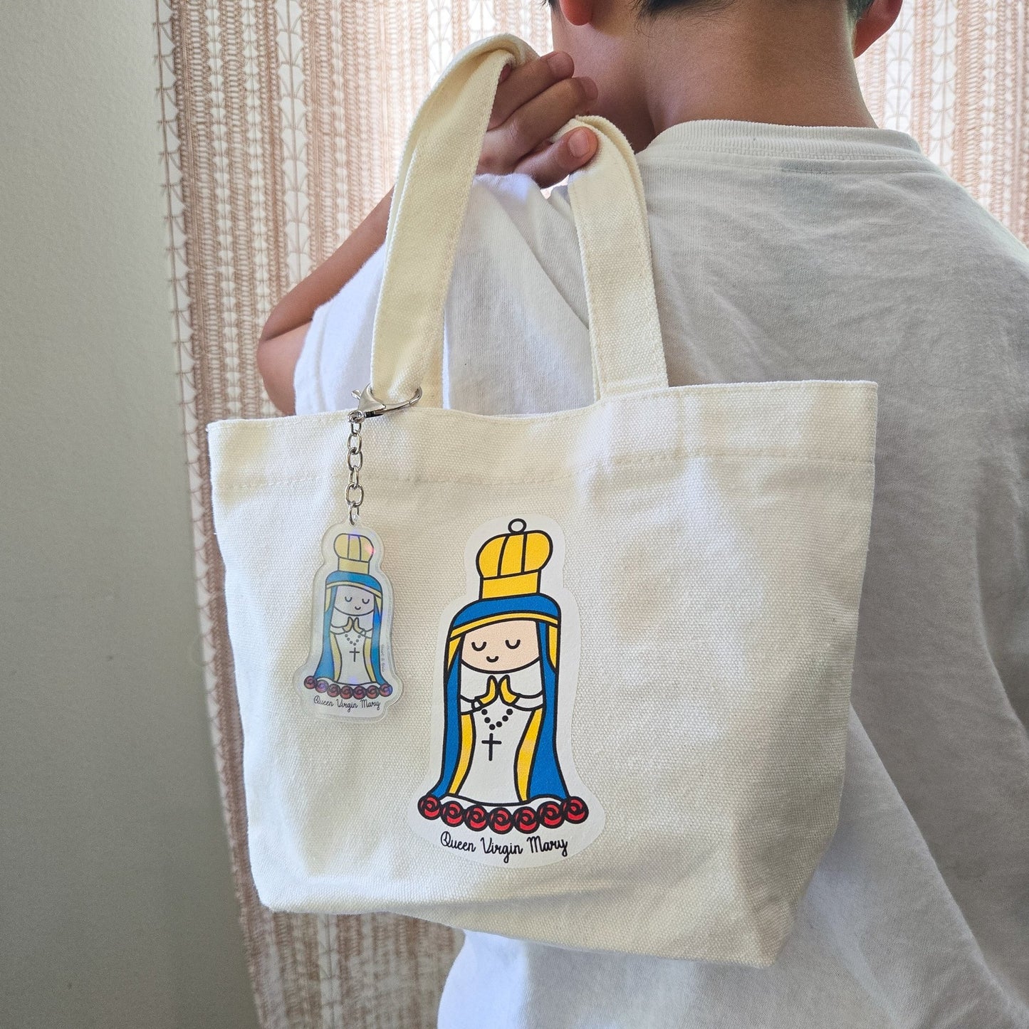 Blessed Virgin Mary Acrylic Keychain | Double - Sided 2.75" Catholic Keychain with D Hook Clasp | Faith Gift Inspired by Child's Art - Heart & Halo