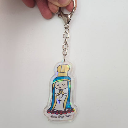 Blessed Virgin Mary Acrylic Keychain | Double - Sided 2.75" Catholic Keychain with D Hook Clasp | Faith Gift Inspired by Child's Art - Heart & Halo