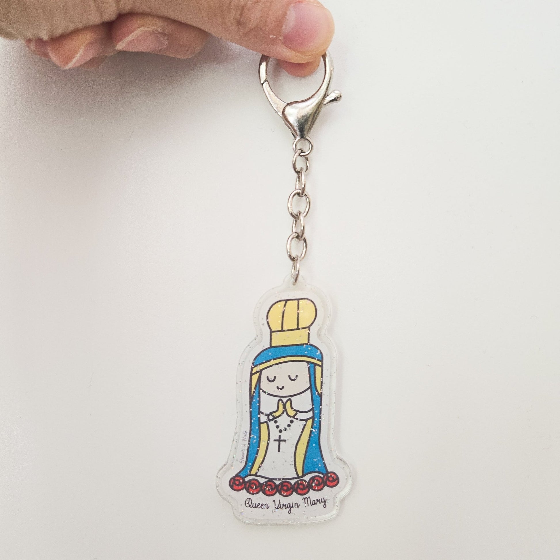 Blessed Virgin Mary Acrylic Keychain | Double - Sided 2.75" Catholic Keychain with D Hook Clasp | Faith Gift Inspired by Child's Art - Heart & Halo