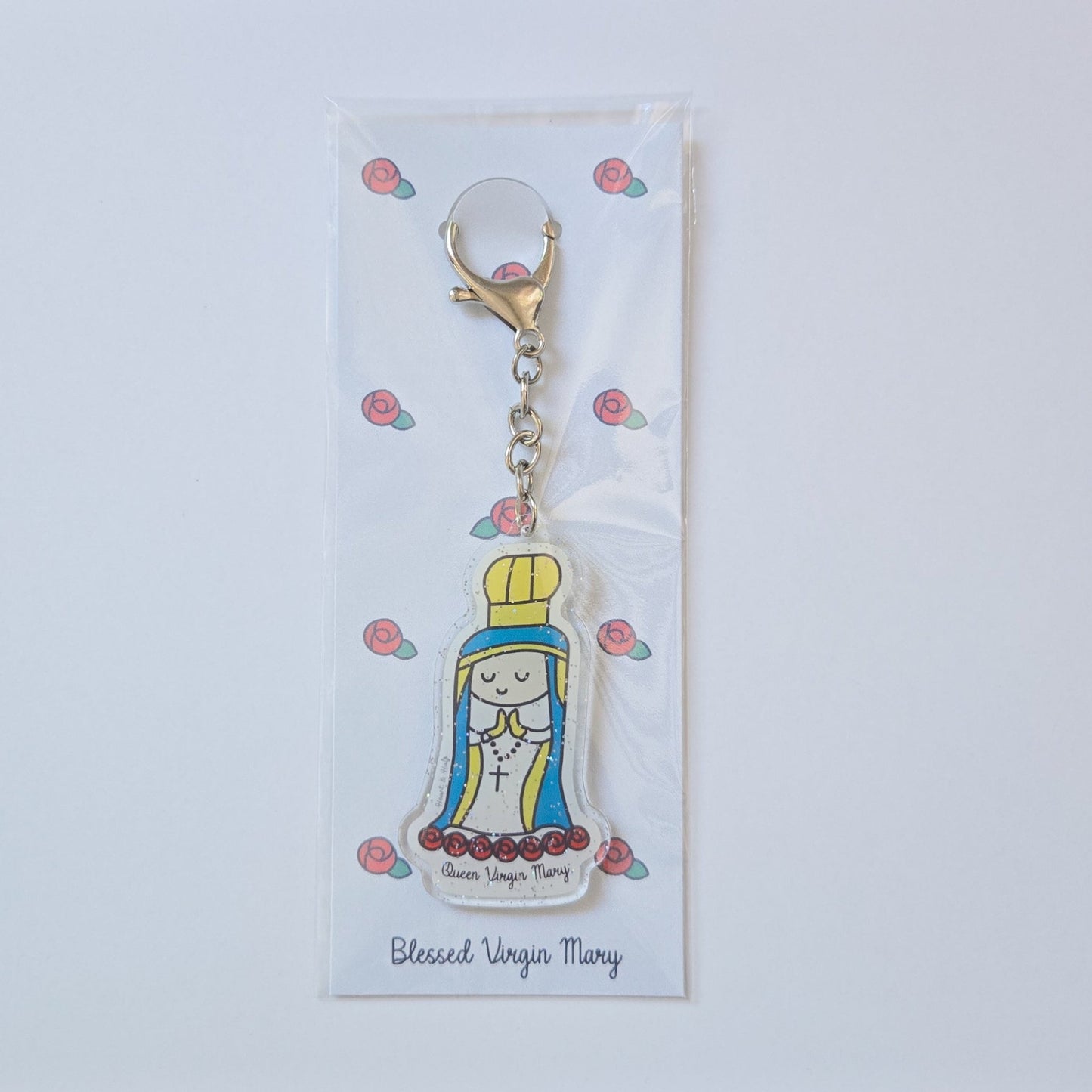 Blessed Virgin Mary Acrylic Keychain | Double - Sided 2.75" Catholic Keychain with D Hook Clasp | Faith Gift Inspired by Child's Art - Heart & Halo