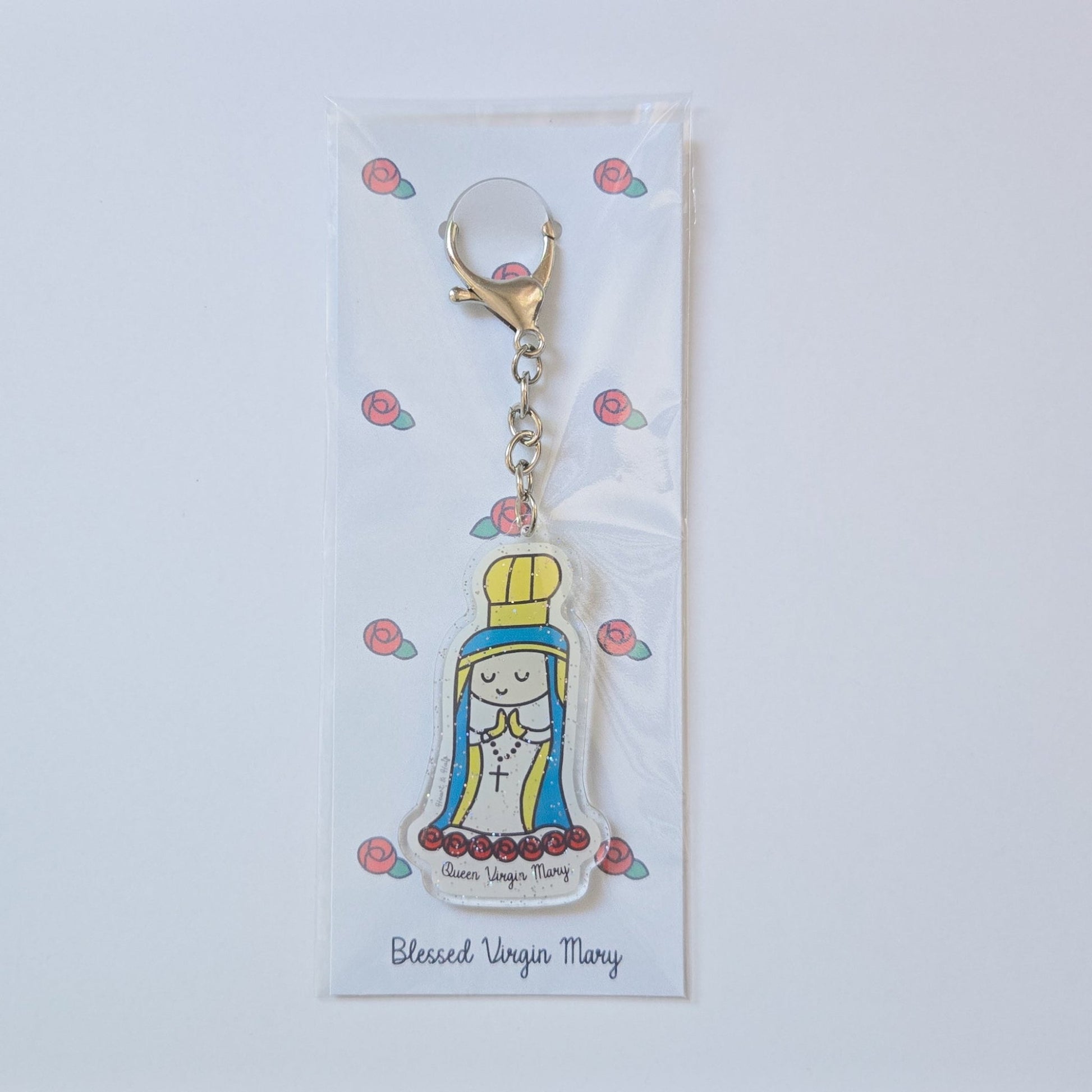 Blessed Virgin Mary Acrylic Keychain | Double - Sided 2.75" Catholic Keychain with D Hook Clasp | Faith Gift Inspired by Child's Art - Heart & Halo