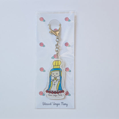 Blessed Virgin Mary Acrylic Keychain | Double - Sided 2.75" Catholic Keychain with D Hook Clasp | Faith Gift Inspired by Child's Art - Heart & Halo