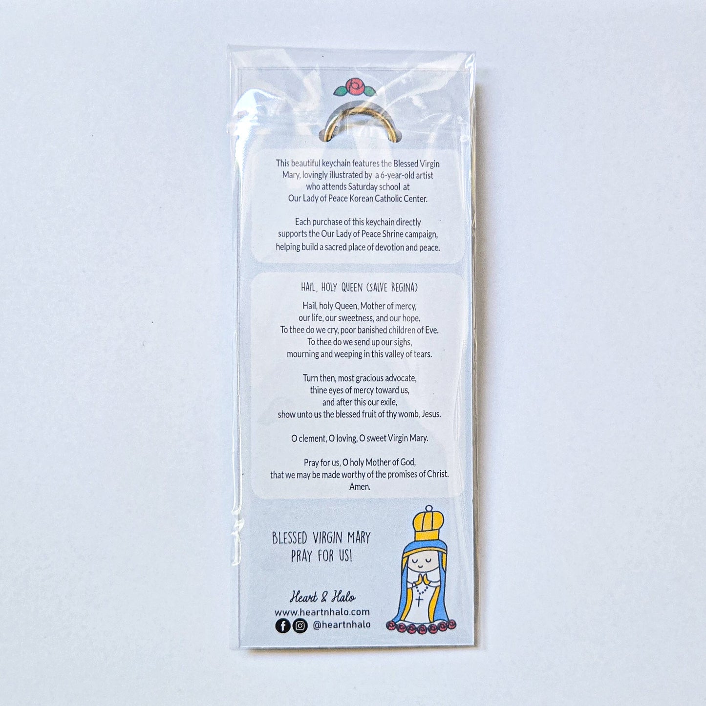 Blessed Virgin Mary Acrylic Keychain | Double - Sided 2.75" Catholic Keychain with D Hook Clasp | Faith Gift Inspired by Child's Art - Heart & Halo