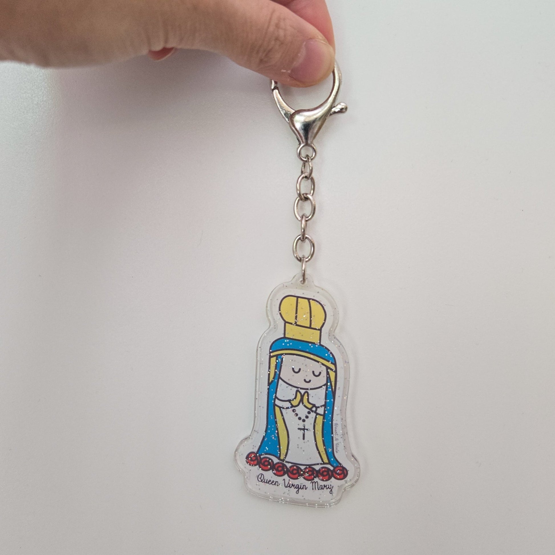 Blessed Virgin Mary Acrylic Keychain | Double - Sided 2.75" Catholic Keychain with D Hook Clasp | Faith Gift Inspired by Child's Art - Heart & Halo