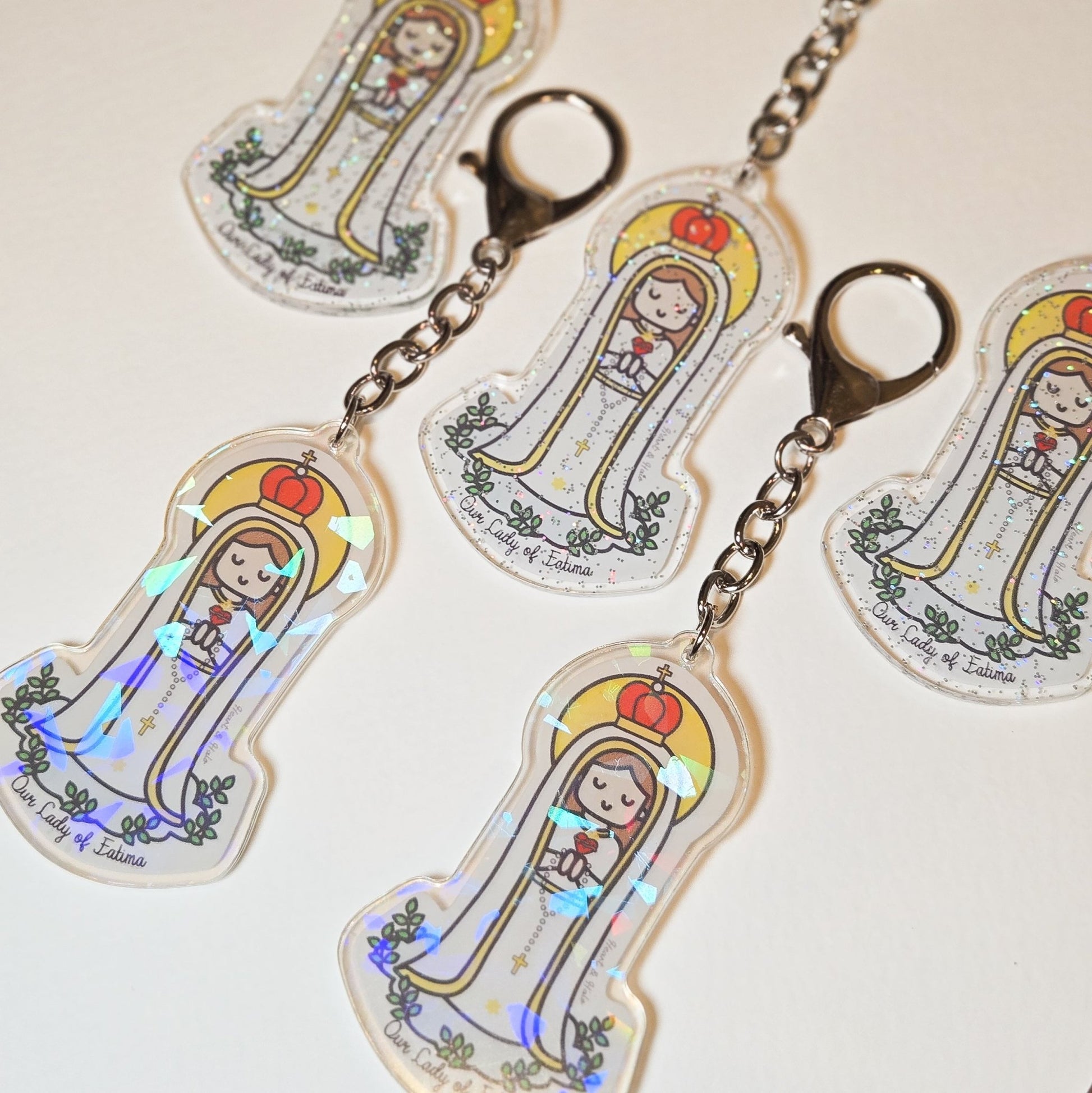 Our Lady of Fatima Acrylic Keychain | 2.75" Double - Sided Catholic Charm - Heart & Halo