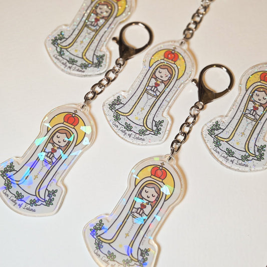 Our Lady of Fatima Acrylic Keychain | 2.75" Double - Sided Catholic Charm - Heart & Halo