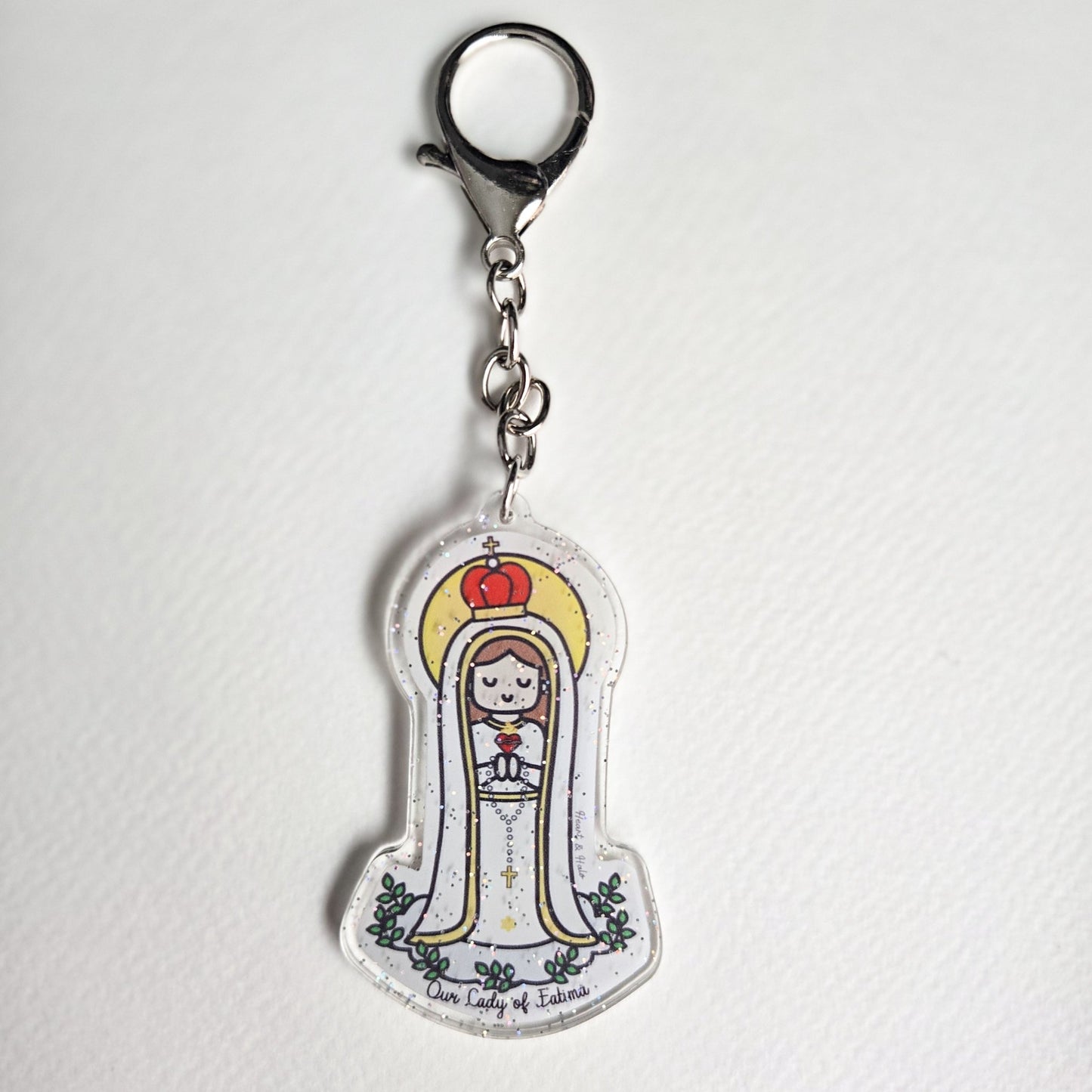 Our Lady of Fatima Acrylic Keychain | 2.75" Double - Sided Catholic Charm - Heart & Halo