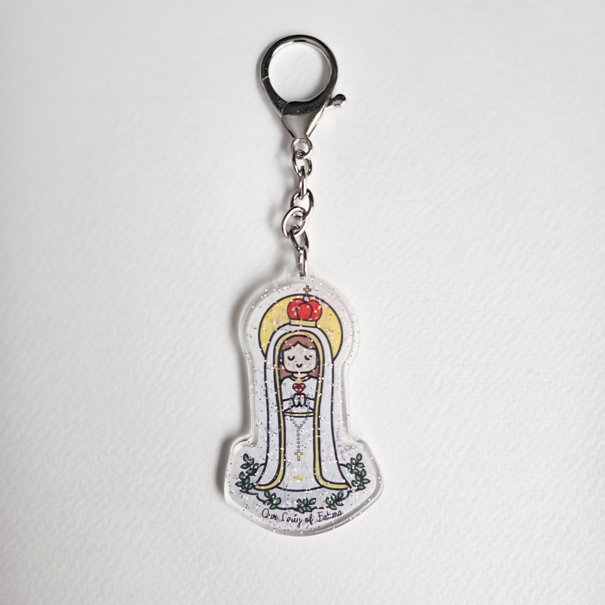 Our Lady of Fatima Acrylic Keychain | 2.75" Double - Sided Catholic Charm - Heart & Halo