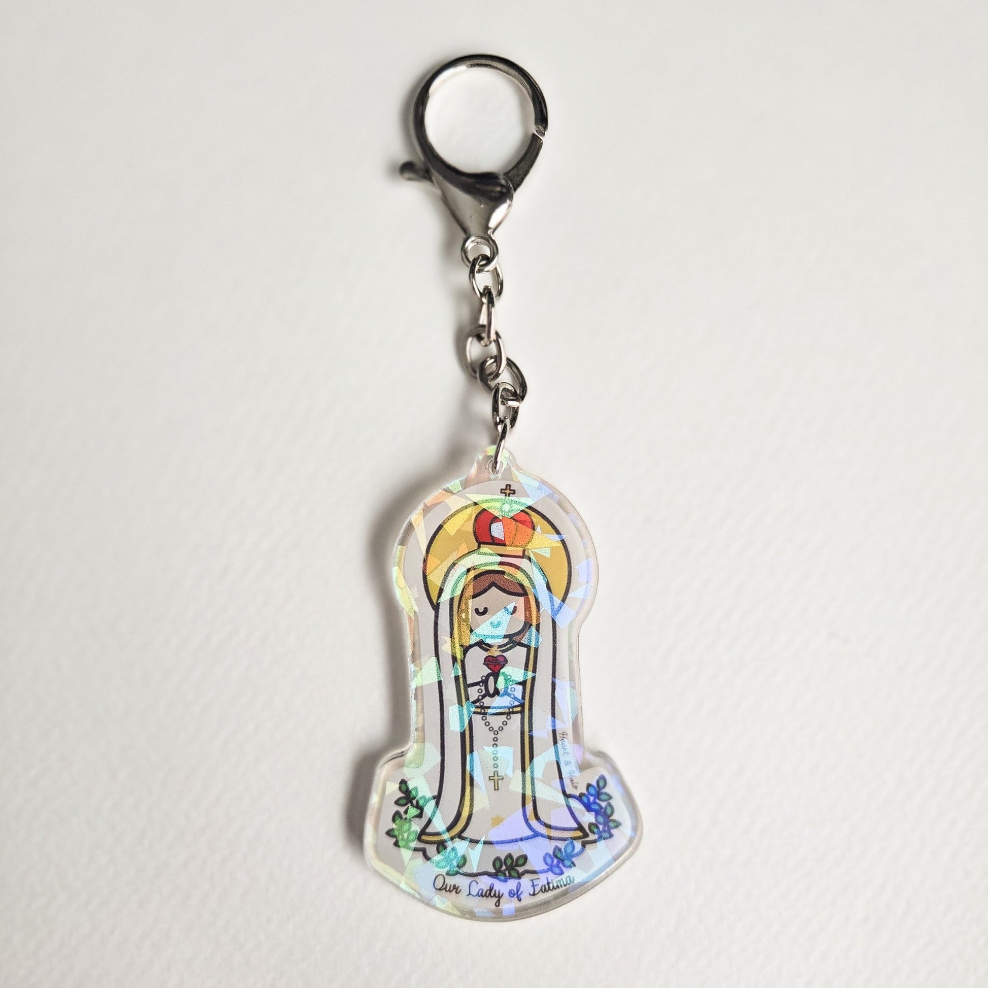 Our Lady of Fatima Acrylic Keychain | 2.75" Double - Sided Catholic Charm - Heart & Halo