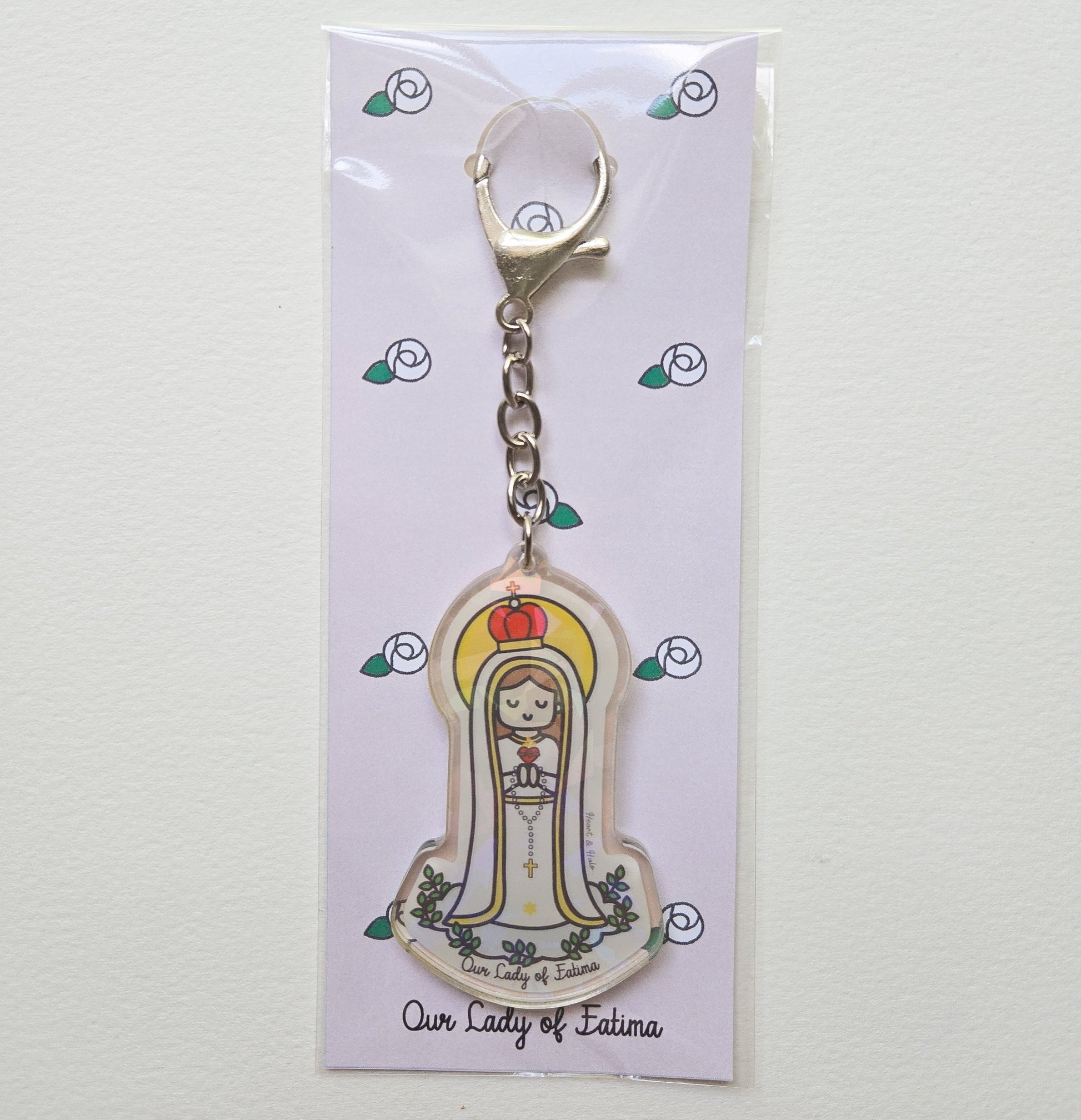 Our Lady of Fatima Acrylic Keychain | 2.75" Double - Sided Catholic Charm - Heart & Halo