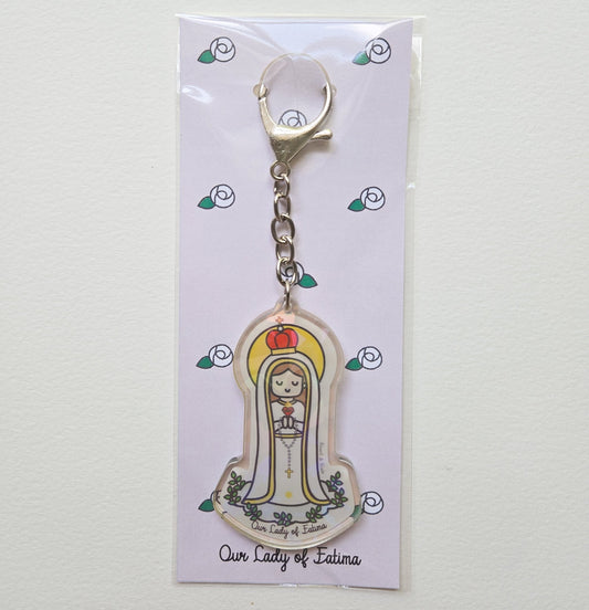 Our Lady of Fatima Acrylic Keychain | 2.75" Double - Sided Catholic Charm - Heart & Halo