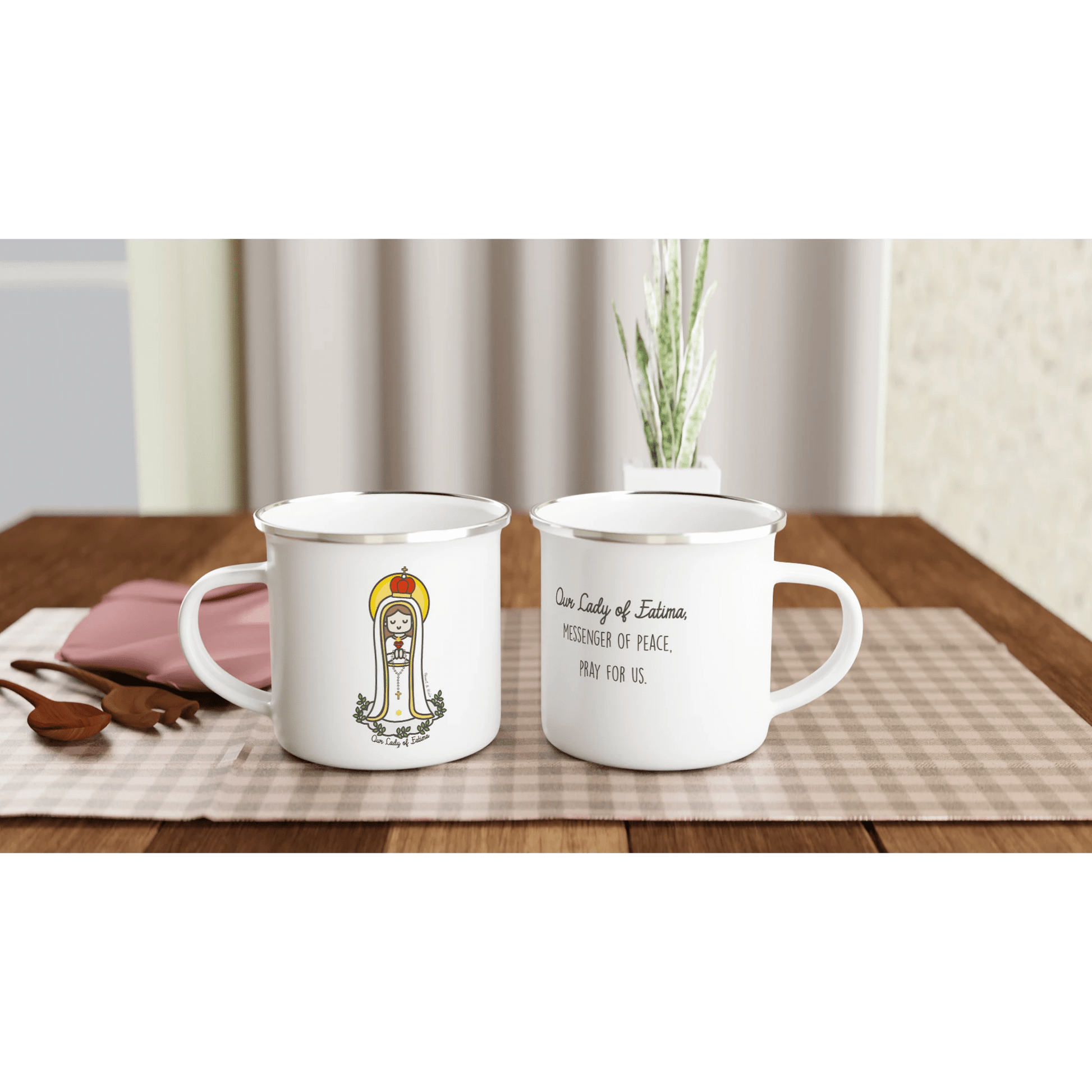 Our Lady of Fatima Enamel Mug – 12oz Camping & Travel Coffee Mug with Silver Rim - Heart & Halo