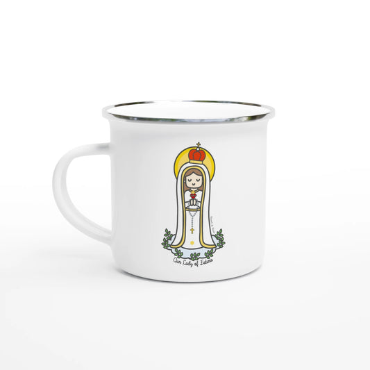 Our Lady of Fatima Enamel Mug – 12oz Camping & Travel Coffee Mug with Silver Rim - Heart & Halo