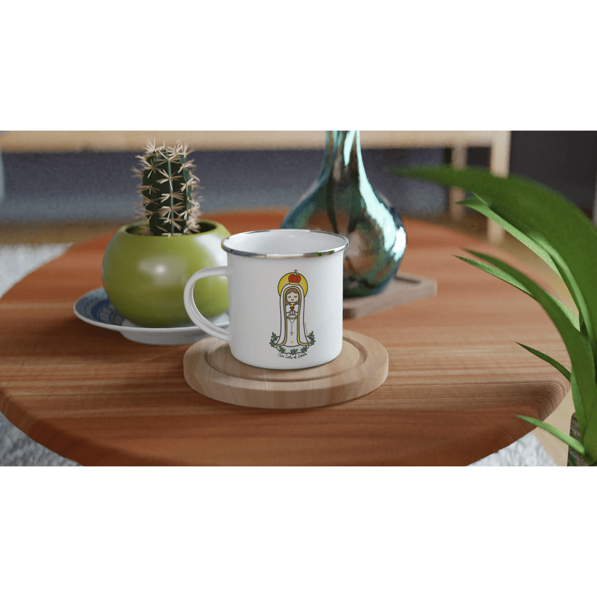 Our Lady of Fatima Enamel Mug – 12oz Camping & Travel Coffee Mug with Silver Rim - Heart & Halo
