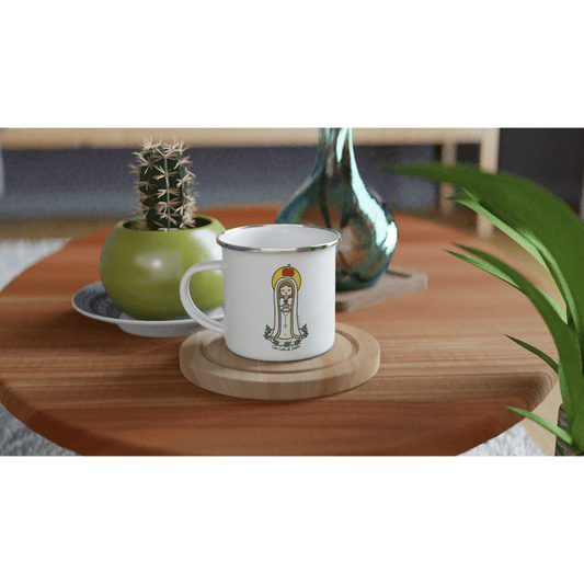 Our Lady of Fatima Enamel Mug – 12oz Camping & Travel Coffee Mug with Silver Rim - Heart & Halo