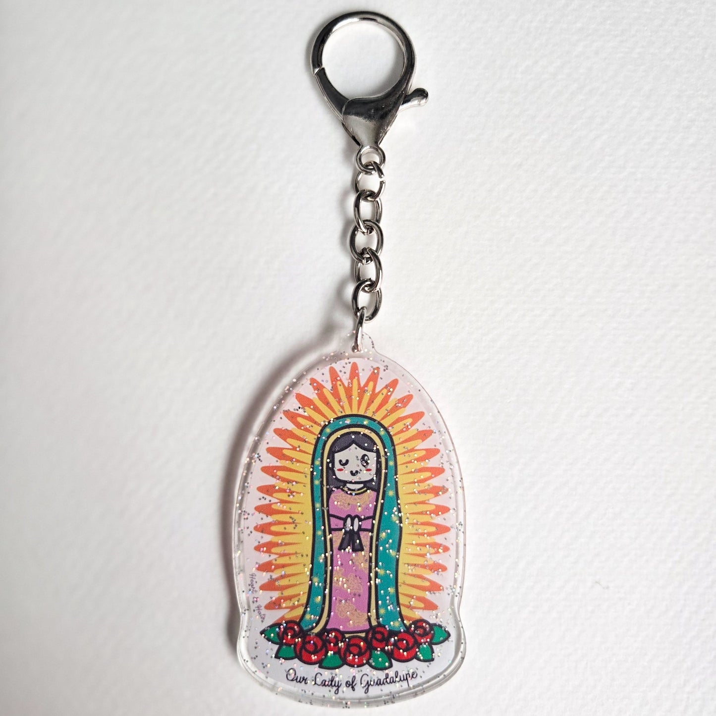 Our Lady of Guadalupe Acrylic Keychain | 2.75" Double - Sided Catholic Keychain | Child Art Inspired | Marian Gift with D Hook Clasp - Heart & Halo