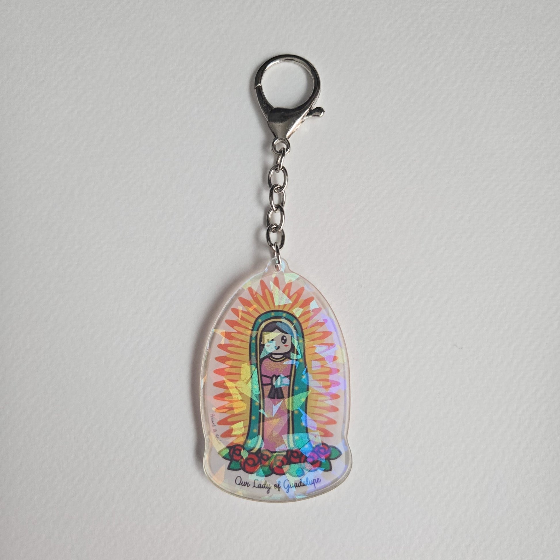 Our Lady of Guadalupe Acrylic Keychain | 2.75" Double - Sided Catholic Keychain | Child Art Inspired | Marian Gift with D Hook Clasp - Heart & Halo